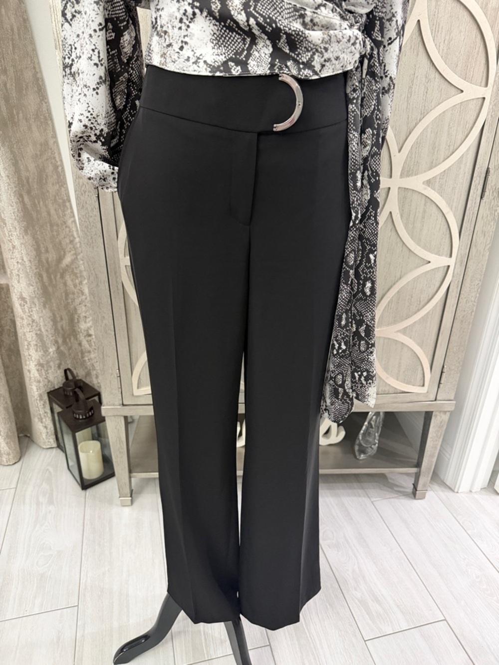 Calvin Klein Black Wide-Leg Pants with Silver Ring Detail